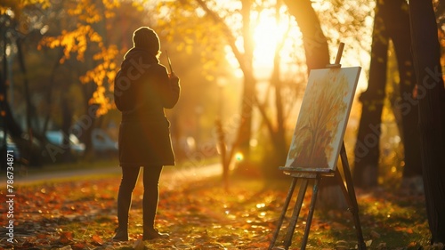Person painting on easel in sunlit autumn park