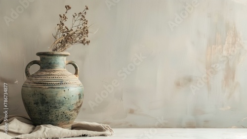 Antique ceramic vase with dried flowers on cloth against neutral wall