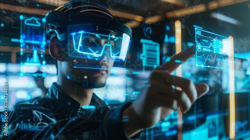 A cloud engineer configuring virtual cloud infrastructure on a holographic interface, in a futuristic office, styled as cyberpunk. photo