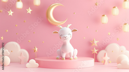 cute Bakra eid mubarak, eid al adha, cute goat on podium with Islamic crescent, cute eid concept with copy space © Another Dimension