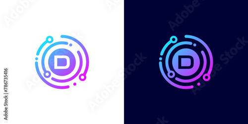 letter D technology logo with circle circuit line style for digital, data, connection