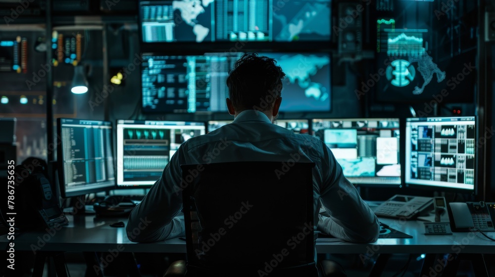 A cybersecurity analyst investigating a cyber threat in a dark room lit only by computer screens, styled as a noir thriller. A cybersecurity analyst investigating a cyber threat in a dark room lit only by computer screens, styled as a noir thriller.