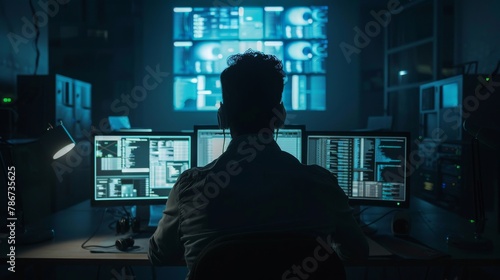 A cybersecurity analyst investigating a cyber threat in a dark room lit only by computer screens, styled as a noir thriller.