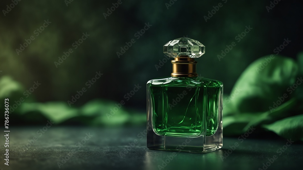 green perfume bottle on fantasy background from Generative AI green perfume bottle on fantasy background from Generative AI
