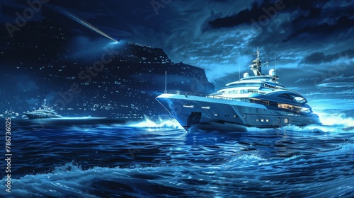 A cybersecurity team on a speedboat approaching a yacht to secure high-profile digital assets, in a luxurious, high-stakes thriller style.