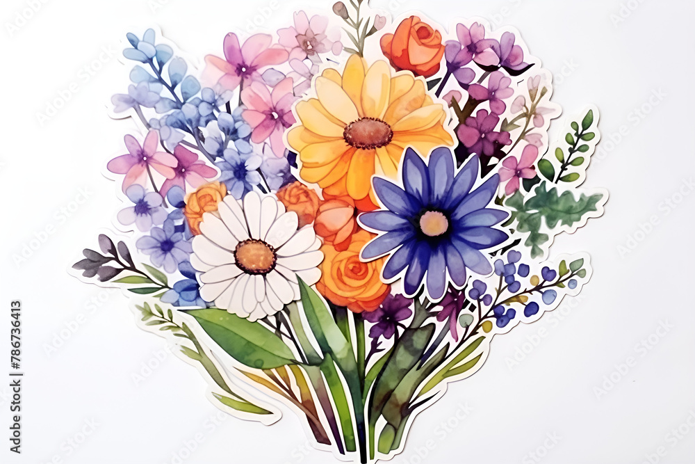 Sticker of a bouquet of flowers in watercolor. Bouquet of daisies. Colored flowers.