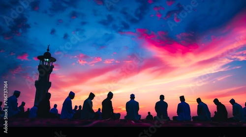 The peaceful ambiance of Maghrib prayer at sunset, with individuals reflecting and connecting with their faith against the backdrop of a vibrant sky. photo