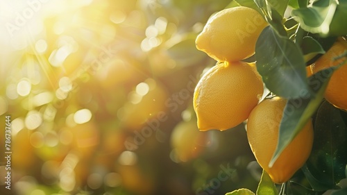 Ripe lemons on tree with sunlight filtering through