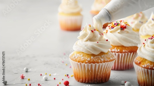 Hand icing cupcake with cream and colorful sprinkles on grey background photo