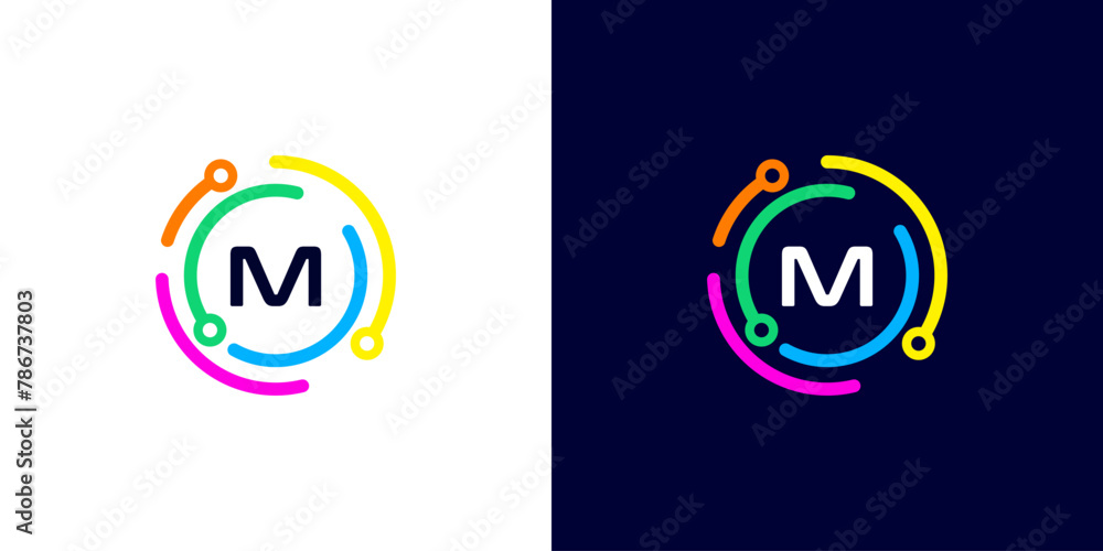 letter M technology logo with colorful connection circuit circle dots for technology,data,internet,computer - obrazy, fototapety, plakaty 