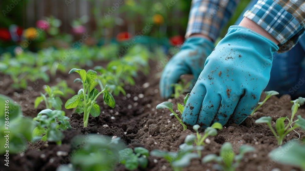 Naklejka premium Person wearing gloves planting seedlings in garden bed