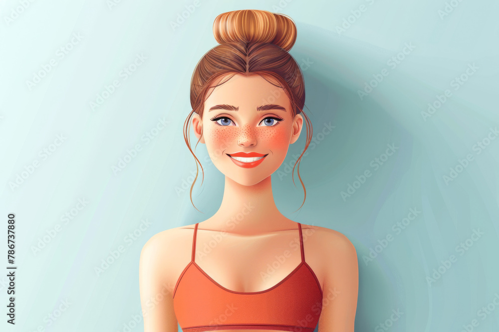 Illustration of a smiling young woman with a bun hairstyle against a blue background. Illustration of a smiling young woman with a bun hairstyle against a blue background.