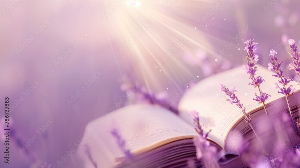 Obraz premium Open book with lavender flowers in sunlight