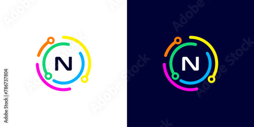 letter N technology logo with colorful connection circuit circle dots for technology,data,internet,computer