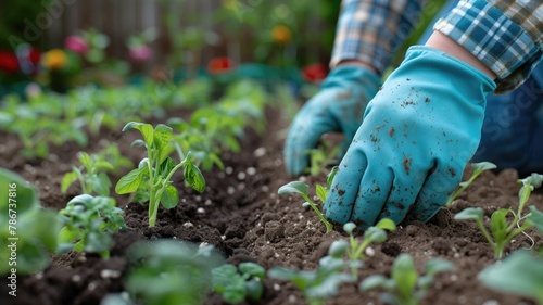 Person wearing gloves planting seedlings in garden bed