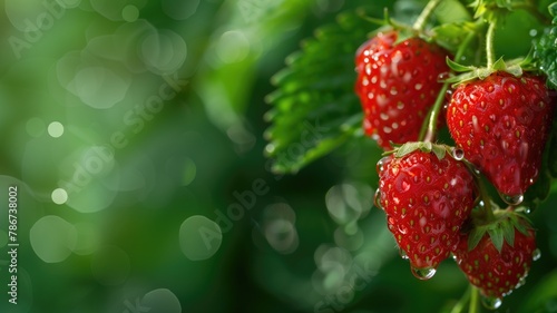 Fresh strawberries with water droplets on green background