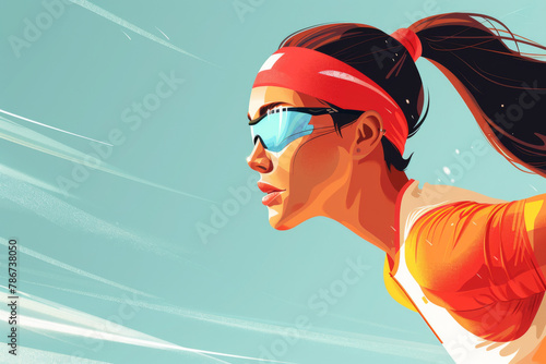 Illustration of a focused female runner with sunglasses and headband against a bright background.