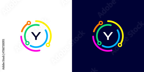 letter Y technology logo with colorful connection circuit circle dots for technology,data,internet,computer