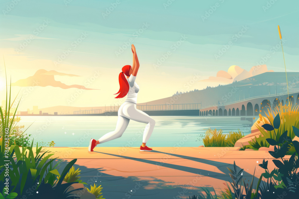 Illustration of a woman doing yoga by a scenic lake during sunset.