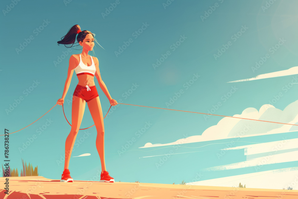 Stylized illustration of a woman in sportswear with a jump rope on a beach.