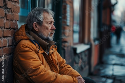 Portrait of an old man in a yellow jacket sitting on the street