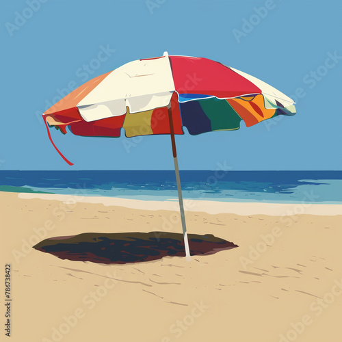 Beach umbrella in thee sand on the beach. Daytime. Sunny. 