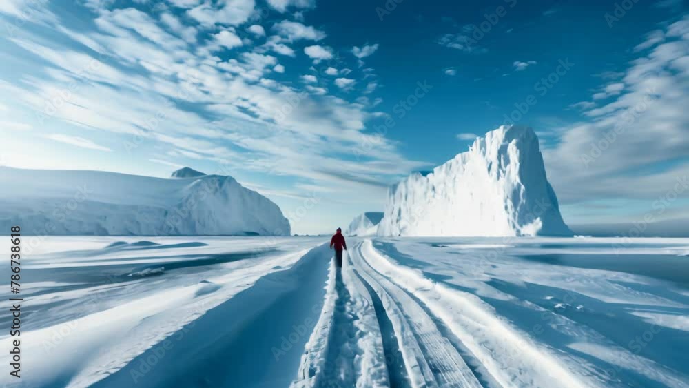 Amidst a vast snowy plain, colossal icebergs loom. A lone figure in a red jacket treks across the frozen expanse. Amidst a vast snowy plain, colossal icebergs loom. A lone figure in a red jacket treks across the frozen expanse.