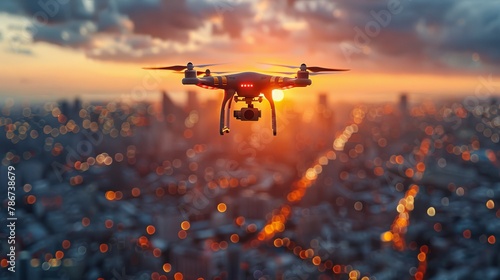 Vector illustration of a drone with remote control flying over a city, representing the concept of pizza delivery by quadcopter.
