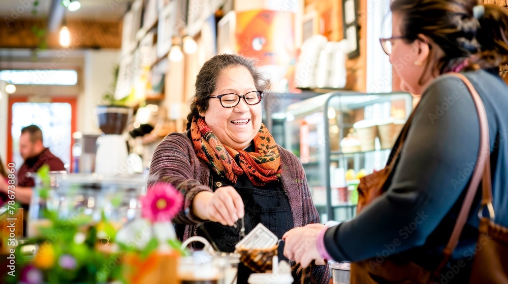 An adult with Down syndrome working at a local cafe, serving customers with a bright smile, showcasing independence and community integration. An adult with Down syndrome working at a local cafe, serving customers with a bright smile, showcasing independence and community integration.