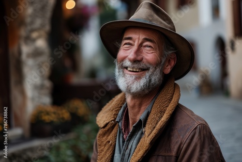 Portrait of a senior man with hat smiling at the camera.