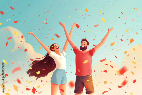 Illustration of a joyful man and woman celebrating with confetti in the air.