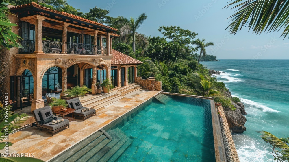 An idyllic beachfront villa nestled among swaying palm trees, with a private infinity pool overlooking the turquoise waters of the Pacific Ocean.