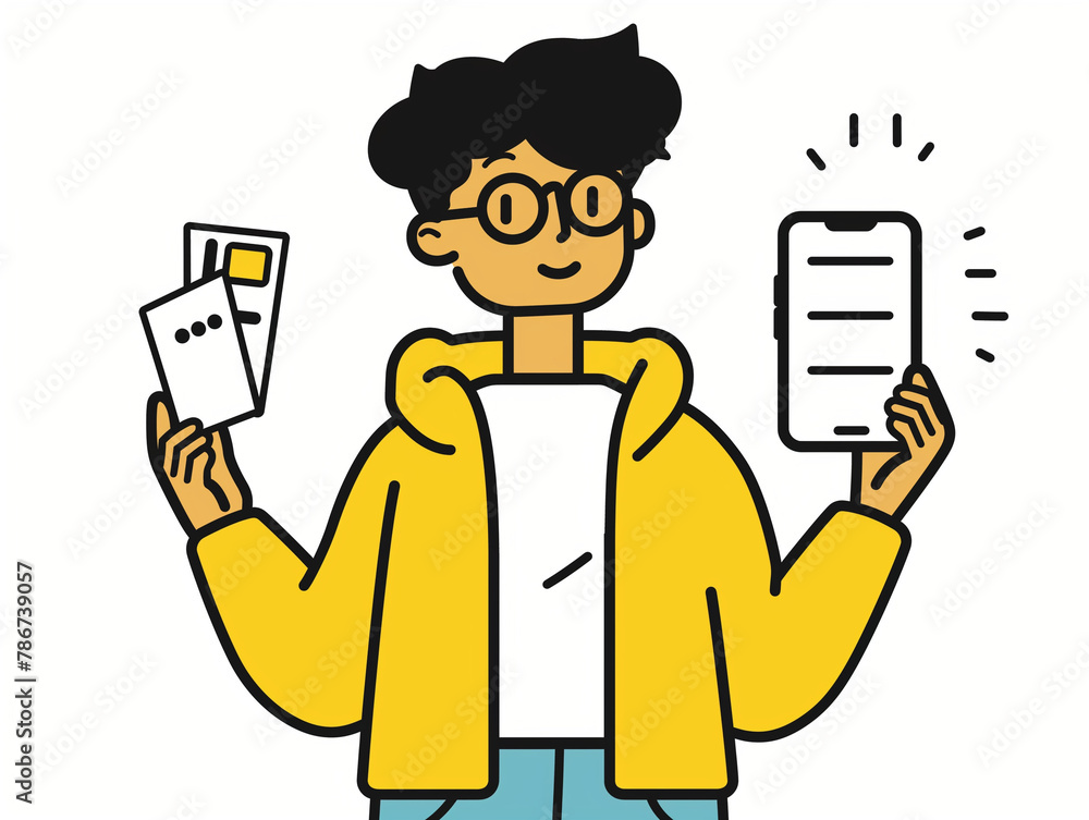 Illustration of a person with glasses holding two documents, with one lighting up.