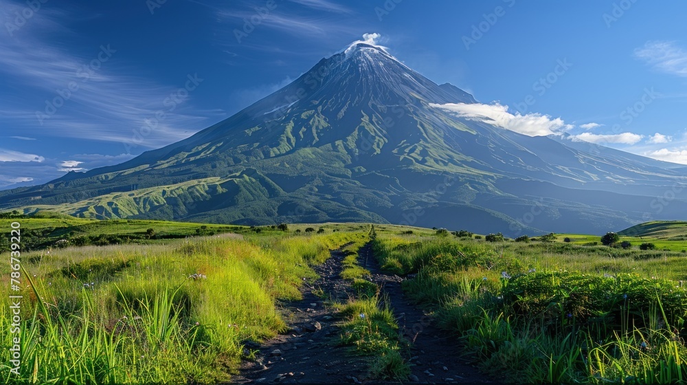 A panoramic view of the iconic Mayon Volcano, with its perfectly symmetrical cone rising majestically above the surrounding landscape A panoramic view of the iconic Mayon Volcano, with its perfectly symmetrical cone rising majestically above the surrounding landscape