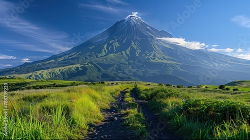 A panoramic view of the iconic Mayon Volcano, with its perfectly symmetrical cone rising majestically above the surrounding landscape