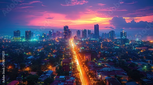 A panoramic view of the vibrant metropolis of Cebu City, with skyscrapers soaring into the sky, bustling streets filled with colorful markets