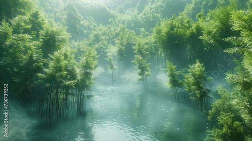 A serene bamboo forest bathed in soft morning light  with mist swirling through the trees