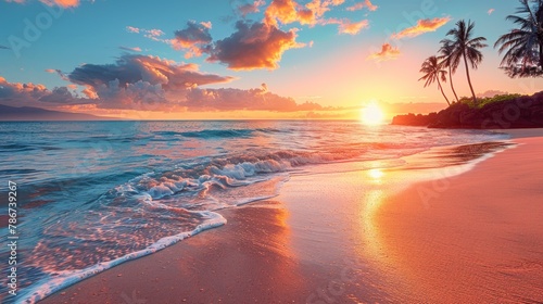 A serene beach scene with crystal-clear waters, palm trees swaying in the gentle breeze, and a vibrant sunset casting warm hues across the sky. photo