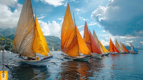 A traditional Filipino boat race, with colorful sails billowing in the wind, and teams of skilled sailors competing for glory against a backdrop of azure seas and clear skies.