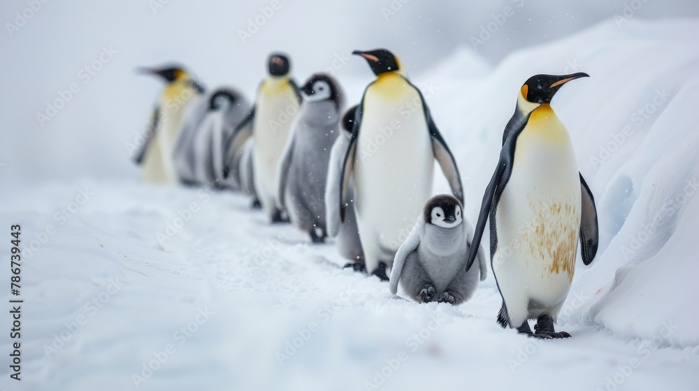 Fototapeta premium A line of penguins waddling through the snow, their fluffy chicks in tow, illustrating the communal spirit and the enduring charm of wildlife families in winter settings.