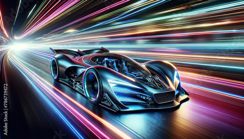 racing car in motion, with vibrant neon light trails flowing in the background.