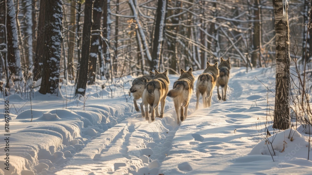 Obraz premium A majestic wolf pack moving silently through the forest, their tracks weaving a delicate pattern in the fresh snow, reflecting the unity and strength of their family bond.