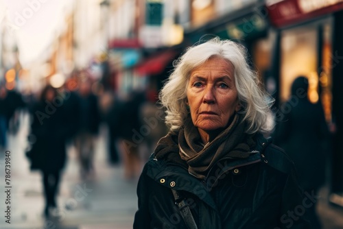 Portrait of an elderly woman walking in the city. Shallow depth of field.