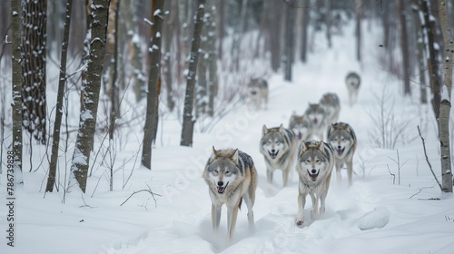 A majestic wolf pack moving silently through the forest, their tracks weaving a delicate pattern in the fresh snow, reflecting the unity and strength of their family bond. © Sasint