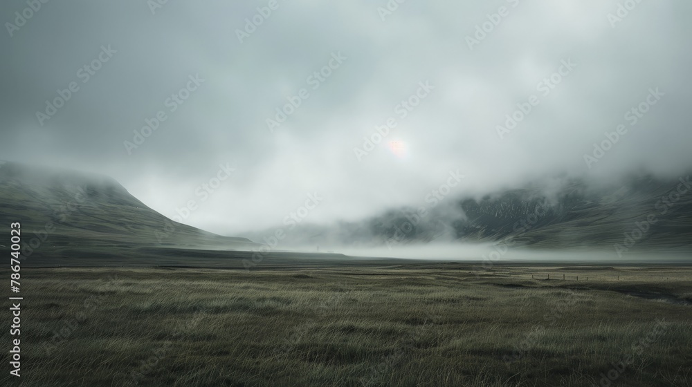 A moody, atmospheric landscape with rolling fog and muted colors, creating a sense of mystery and depth.