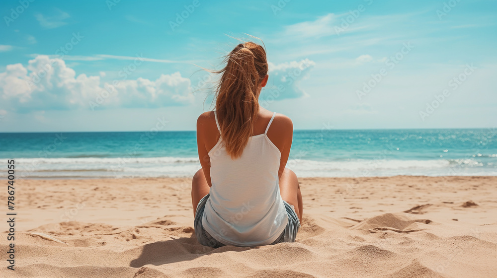 砂浜に座り海の方を見ている若い女性の後姿の明るく美しい写真
