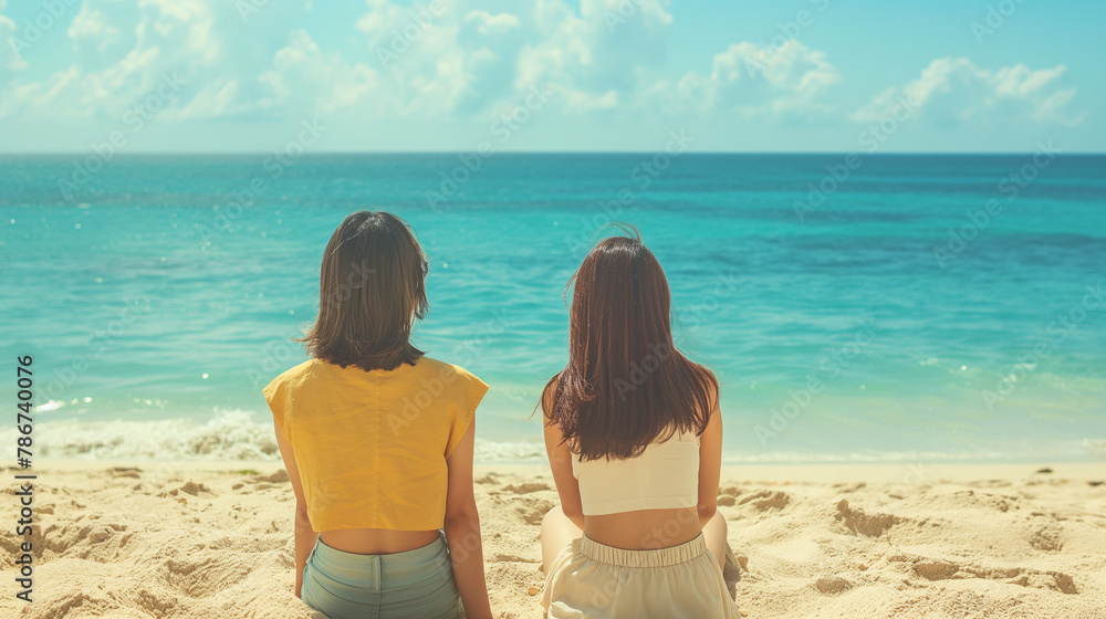 Fototapeta premium 砂浜に座り海の方を見ている若い女性二人の後姿の明るく美しい写真