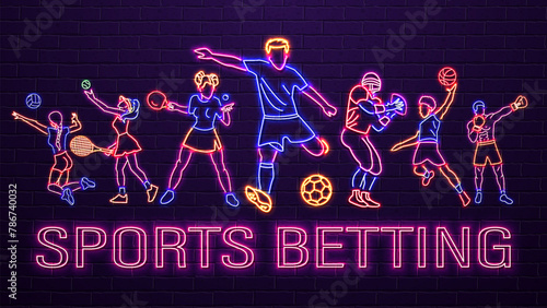 A web banner with neon bright football, basketball, tennis, ping pong, boxing and volleyball players on a brick wall background. A concept for sports betting.