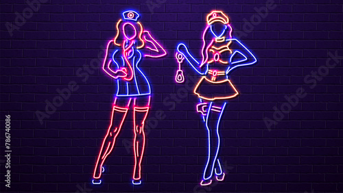 Sexy girls in nurse's clothes and leather clothes, a skirt with handcuffs. A concept for a sex shop and erotica.