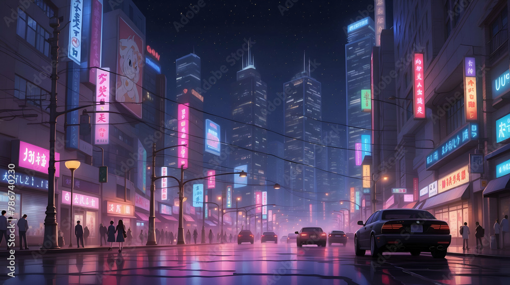 Tokyo Nightscape, Streets Illuminated by Neon Lights in a Game-Style Illustration